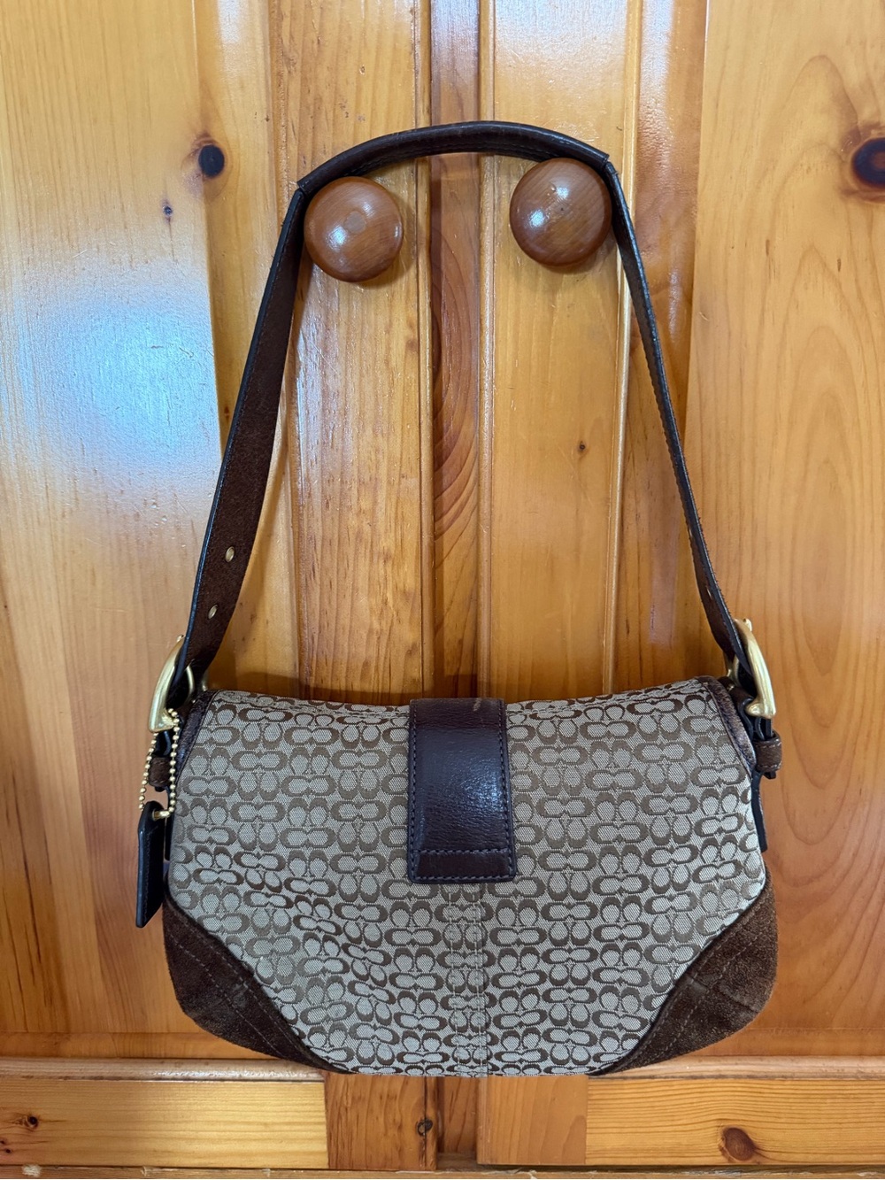 Vintage Coach Soho Signature Shoulder Bag Brown Jacquard Suede Trim Y2K - Picture 2 of 5